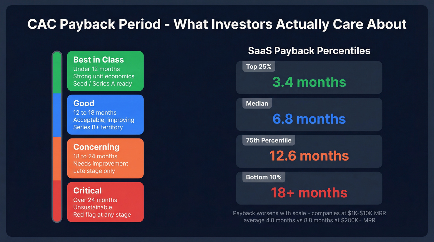 CAC payback period benchmarks with investor health bands