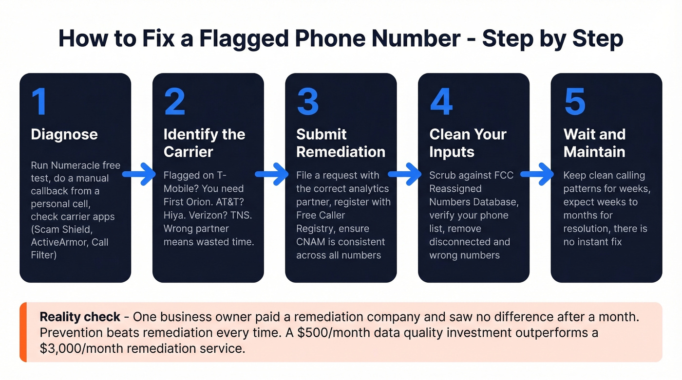Step-by-step remediation flow for flagged caller IDs