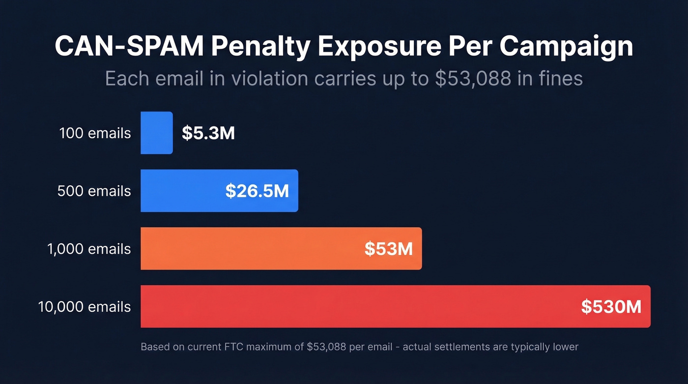 CAN-SPAM penalty exposure scaling by email volume
