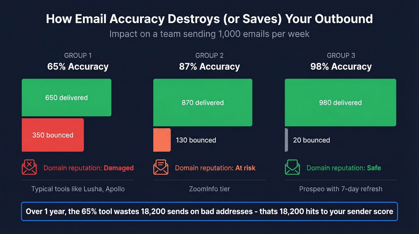 Email accuracy impact on 1000 weekly sends comparison