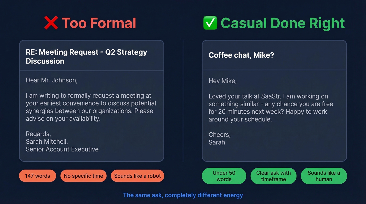 Side-by-side comparison of formal vs casual email tone