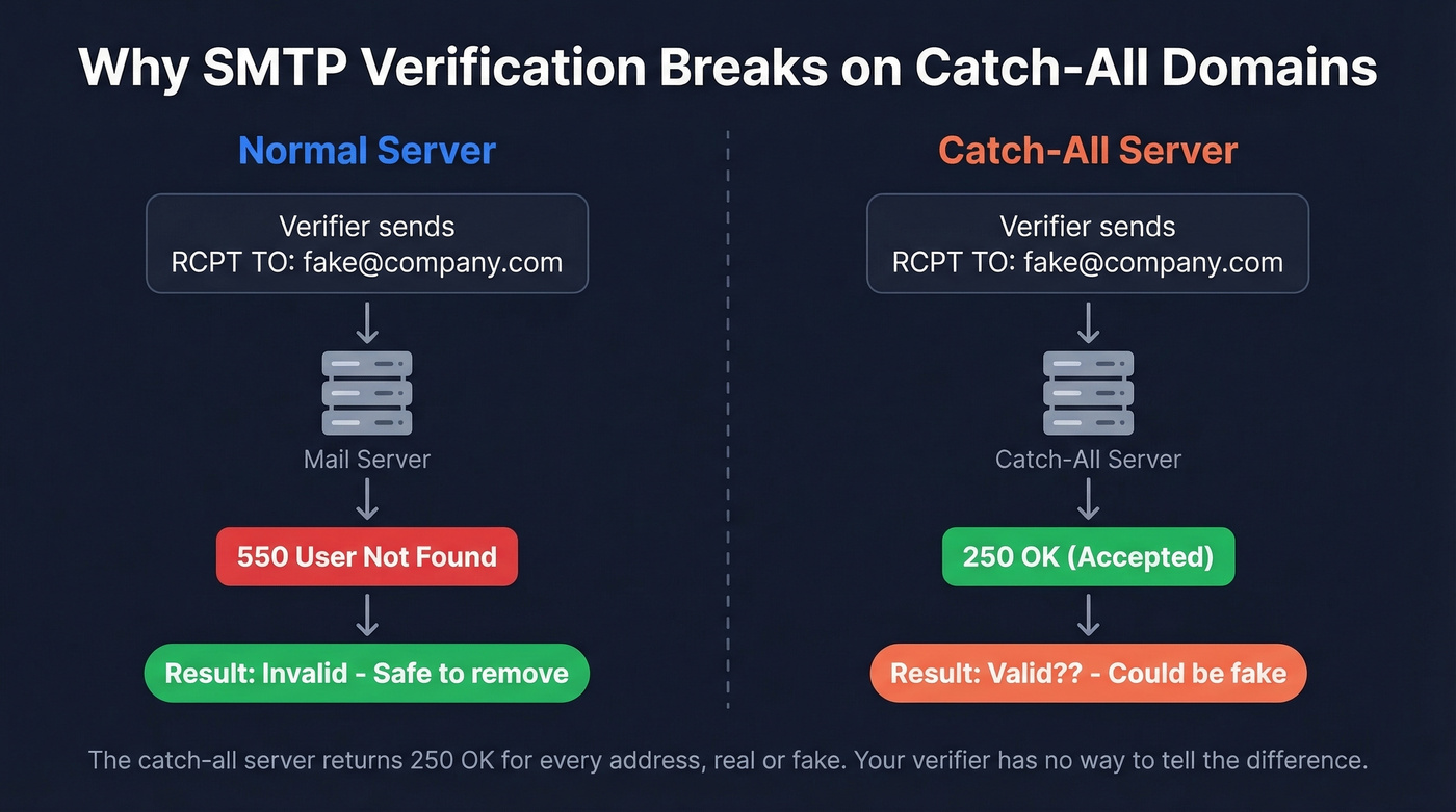 SMTP verification flow on normal vs catch-all servers