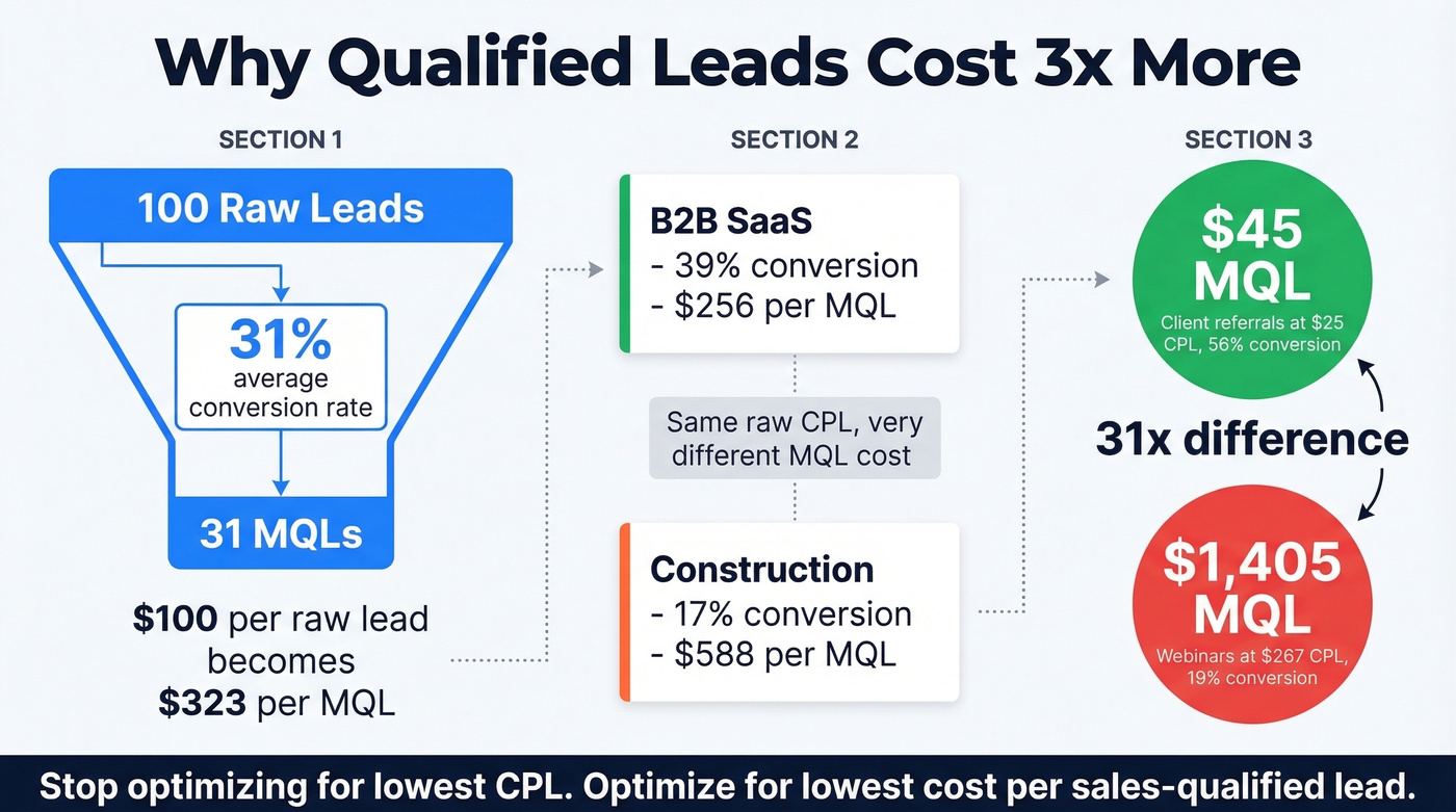 Visual showing raw lead to MQL cost multiplier