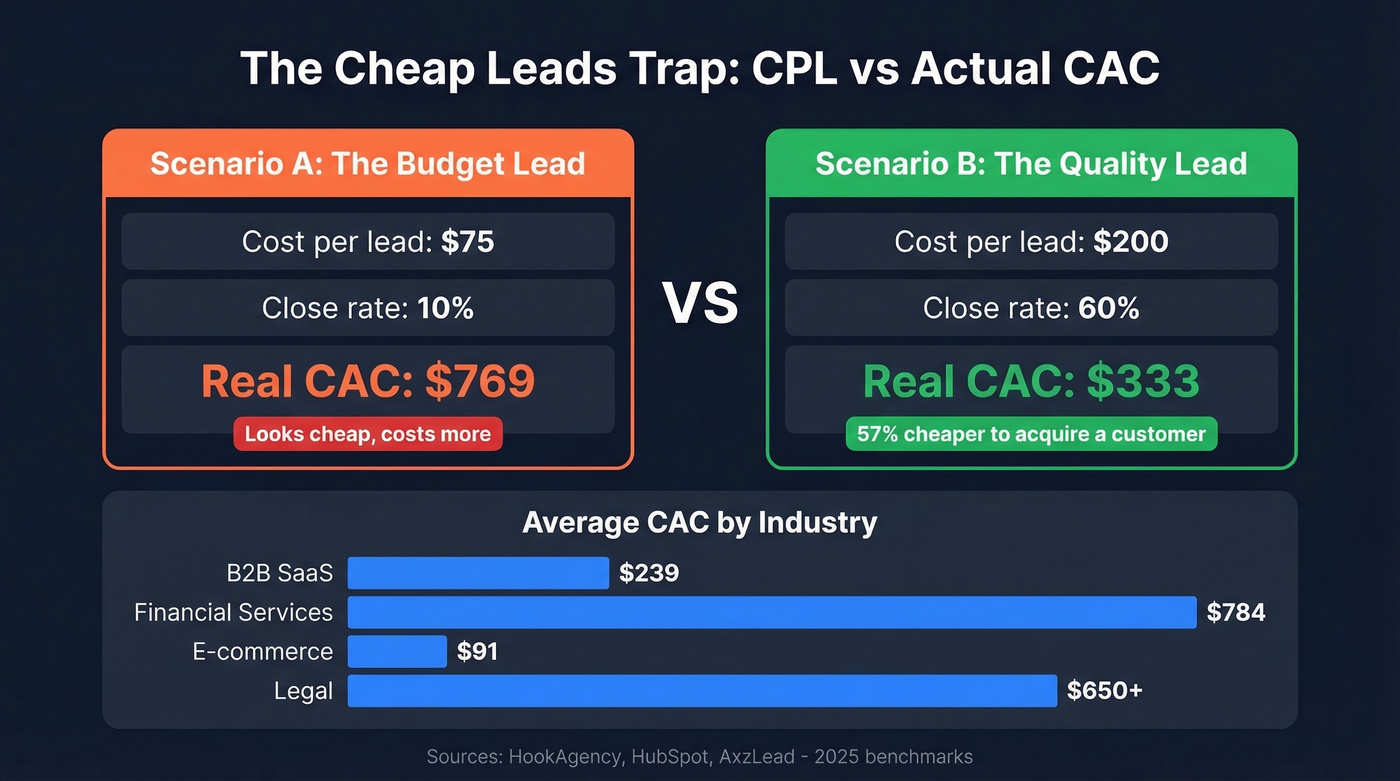 CPL vs CAC comparison showing cheap leads trap
