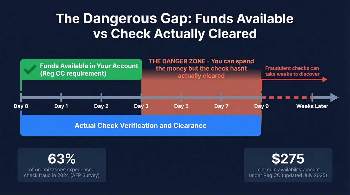 Timeline showing check clearance vs fund availability gap