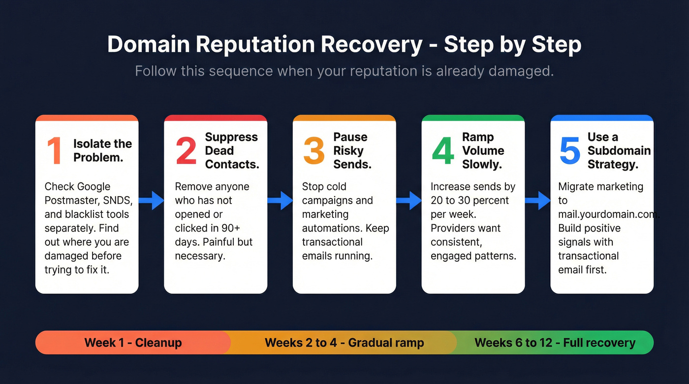 Five step domain reputation recovery process flowchart