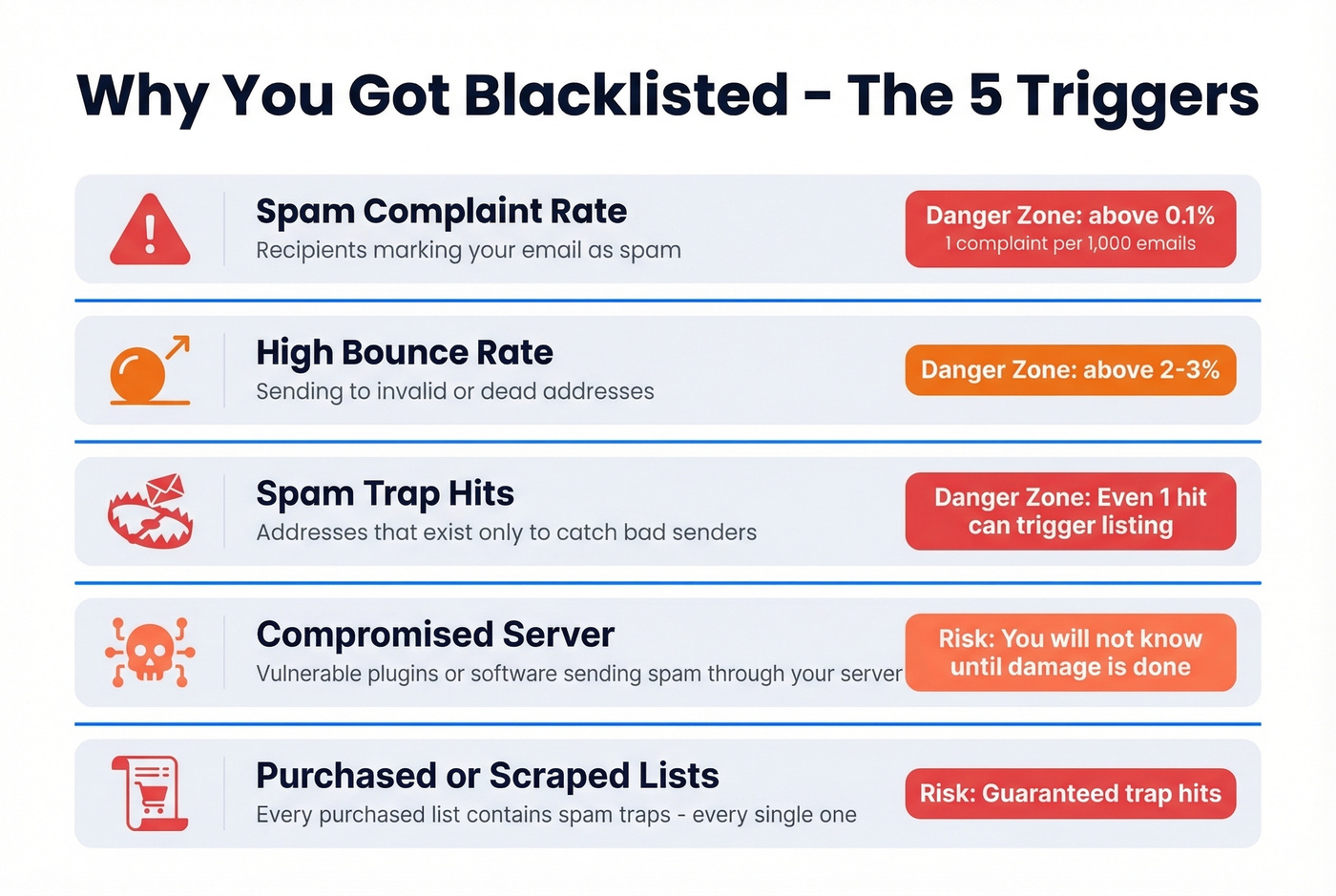 Five blacklisting triggers with danger thresholds visualized