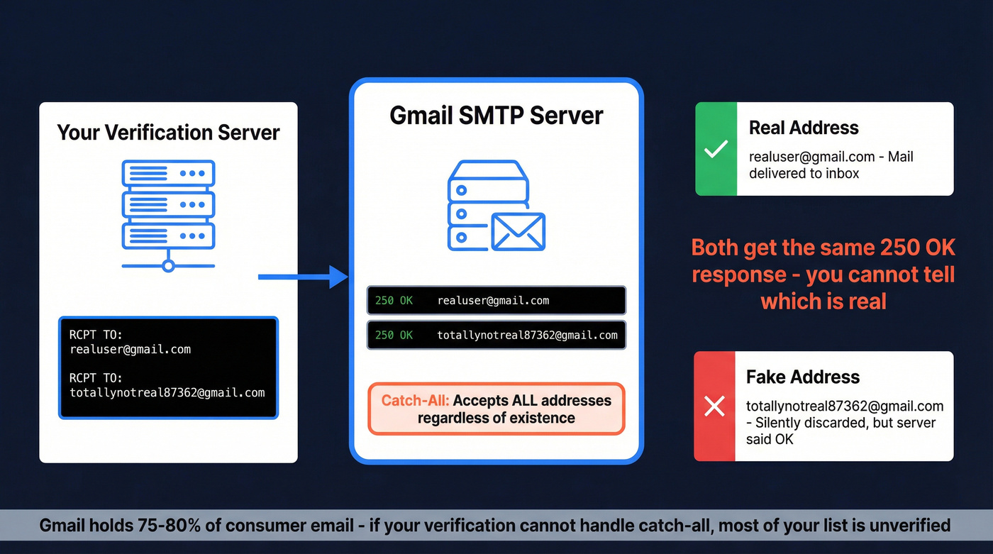 How Gmail catch-all SMTP behavior blocks verification