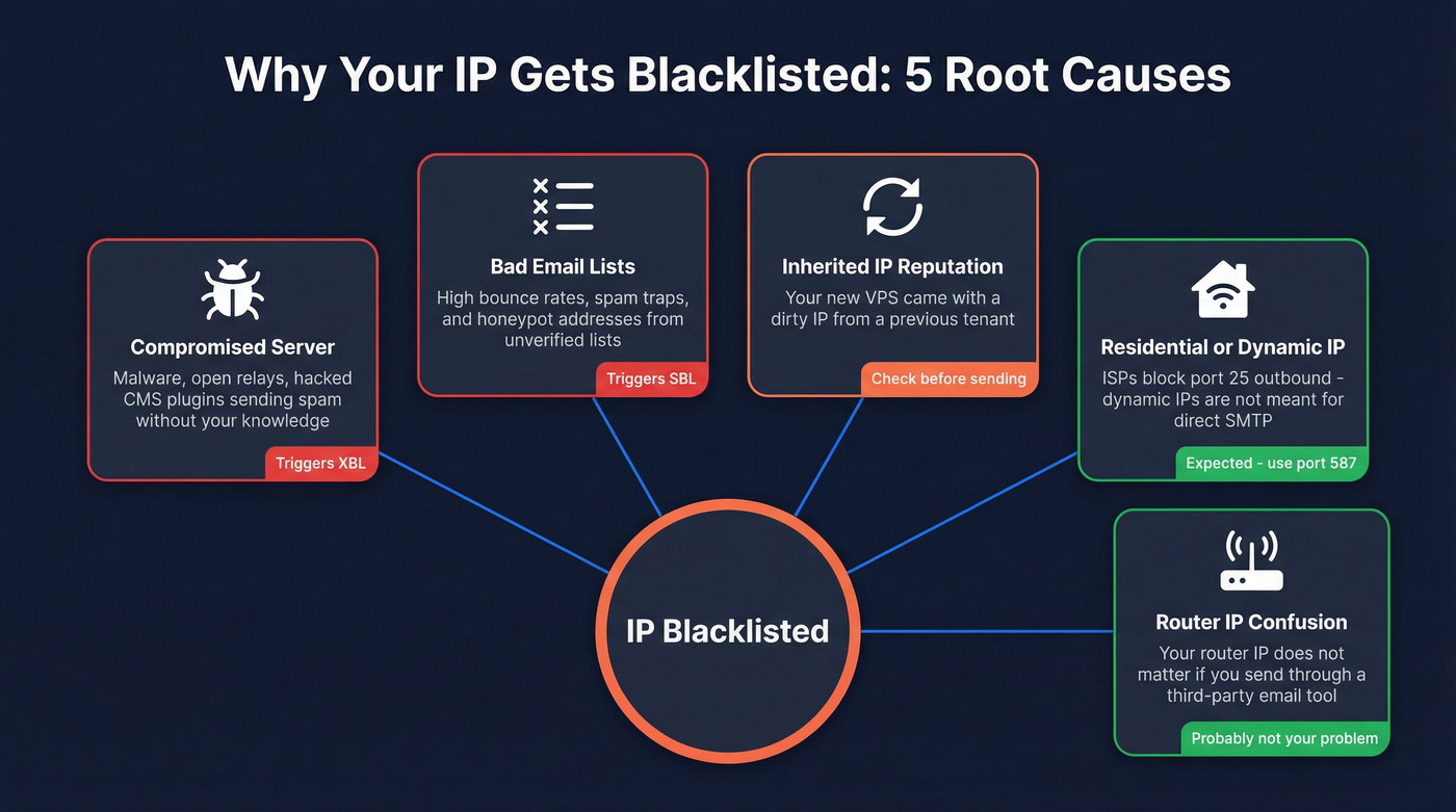 Root causes of IP blacklisting with visual cause-and-effect diagram