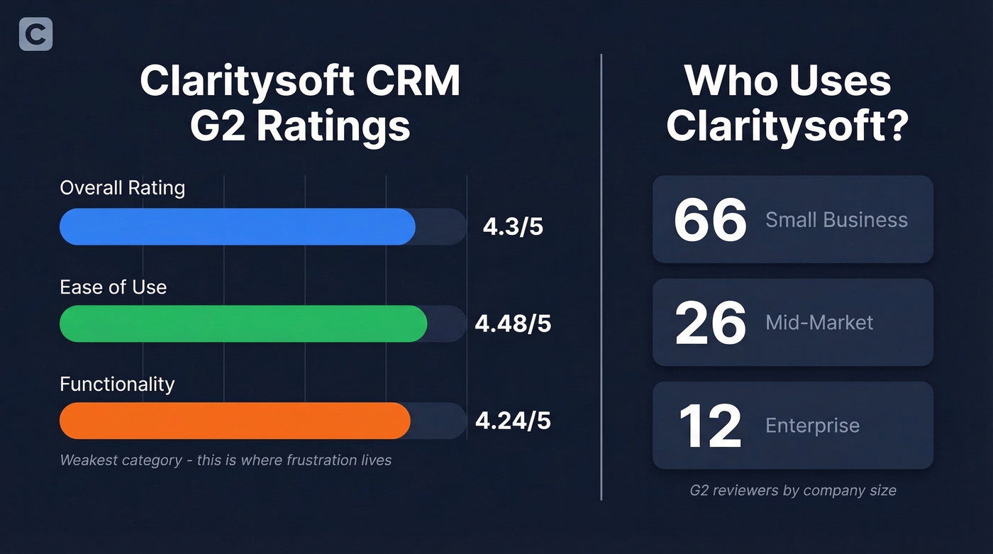 Claritysoft G2 scores and user base breakdown