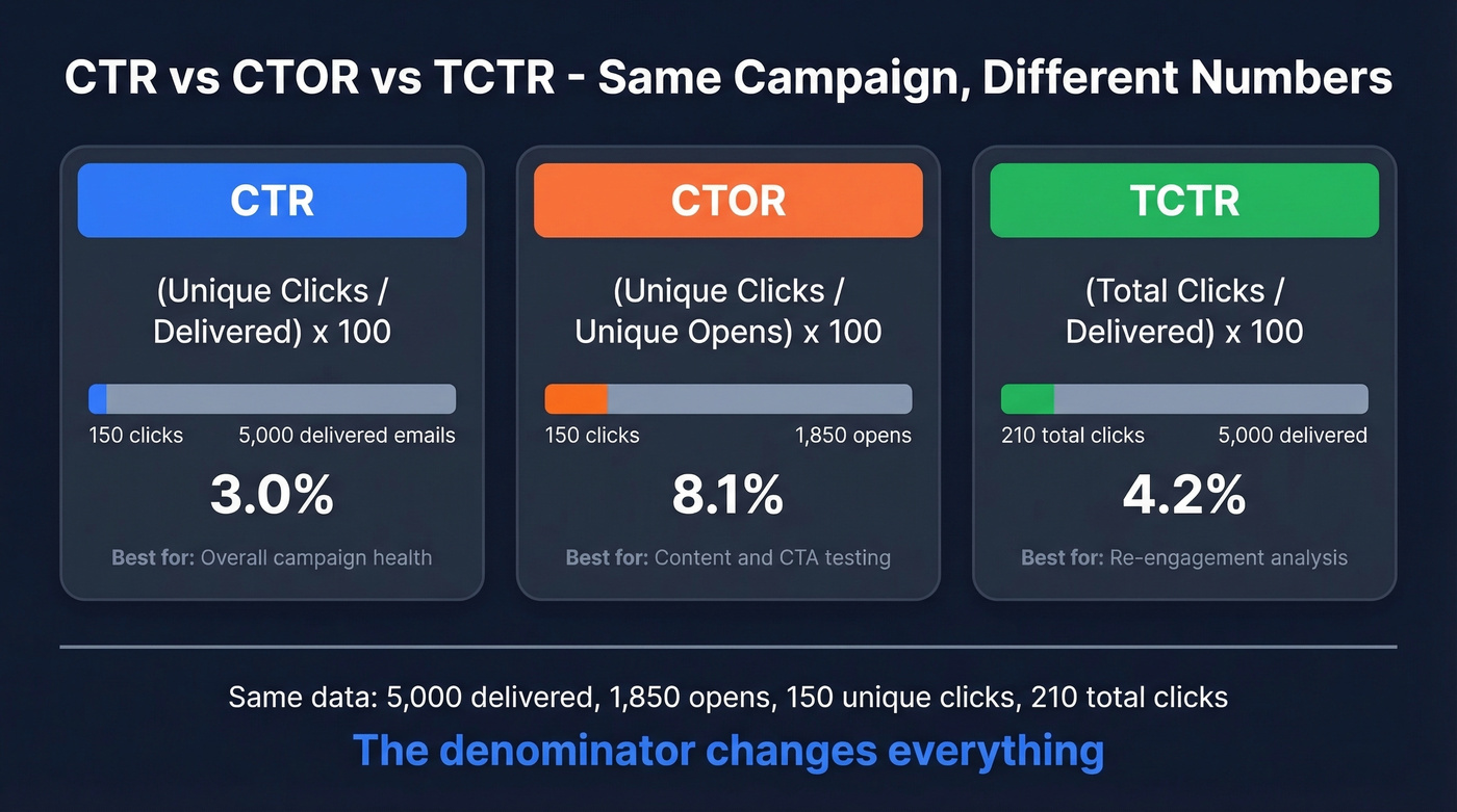 Visual comparison of CTR vs CTOR vs TCTR formulas and results
