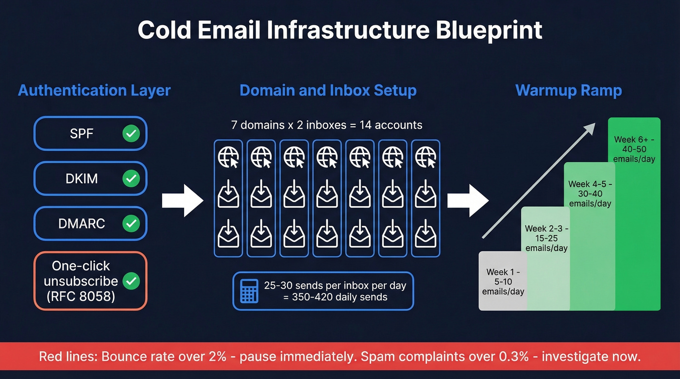 Cold email infrastructure setup showing domains inboxes and thresholds