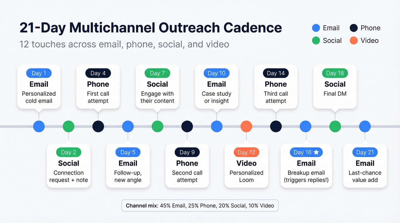 21-day multichannel outreach cadence visual timeline