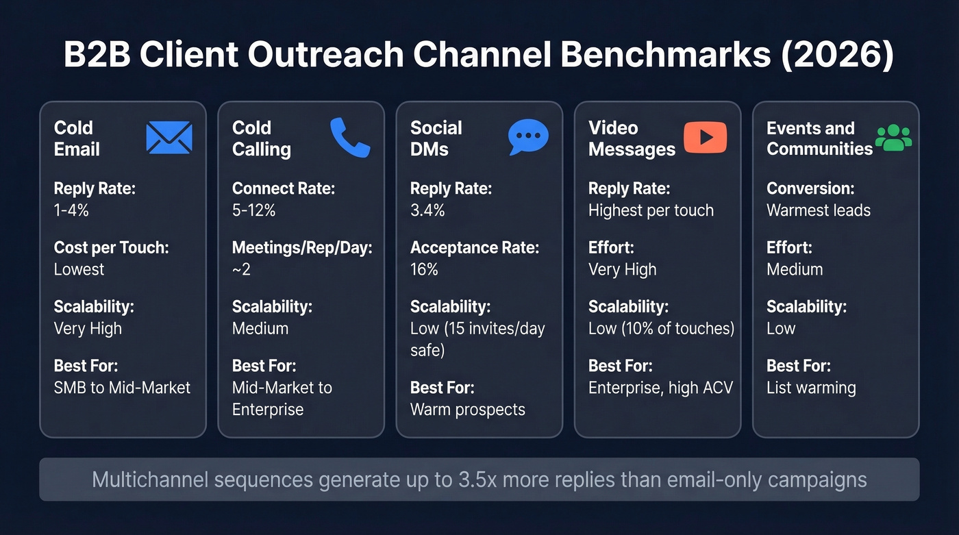 B2B outreach channel benchmarks with reply rates and conversion metrics