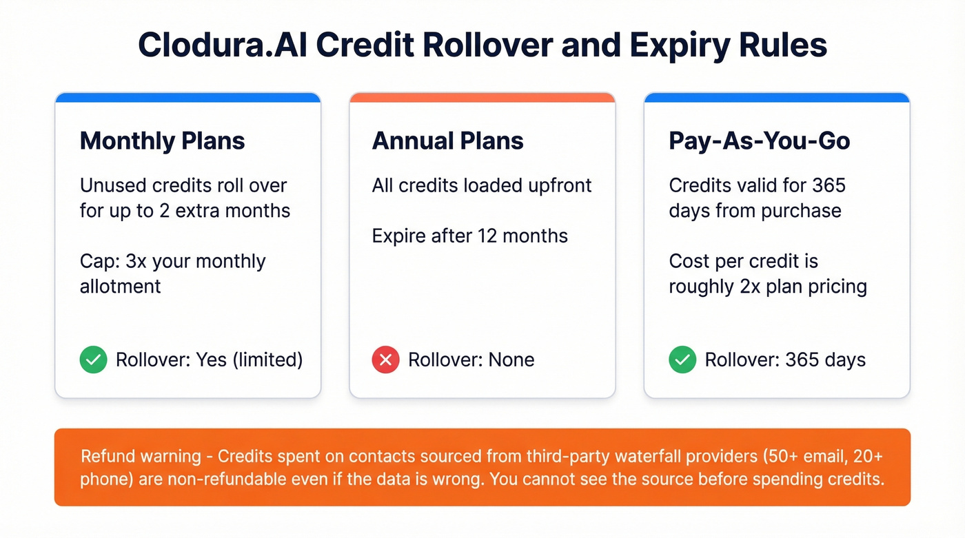 Clodura.AI credit rollover and expiry rules diagram
