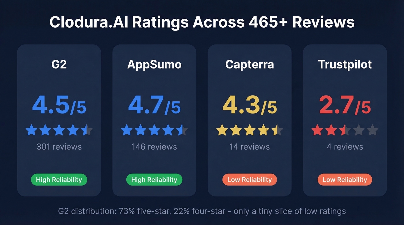 Clodura.AI ratings comparison across four review platforms