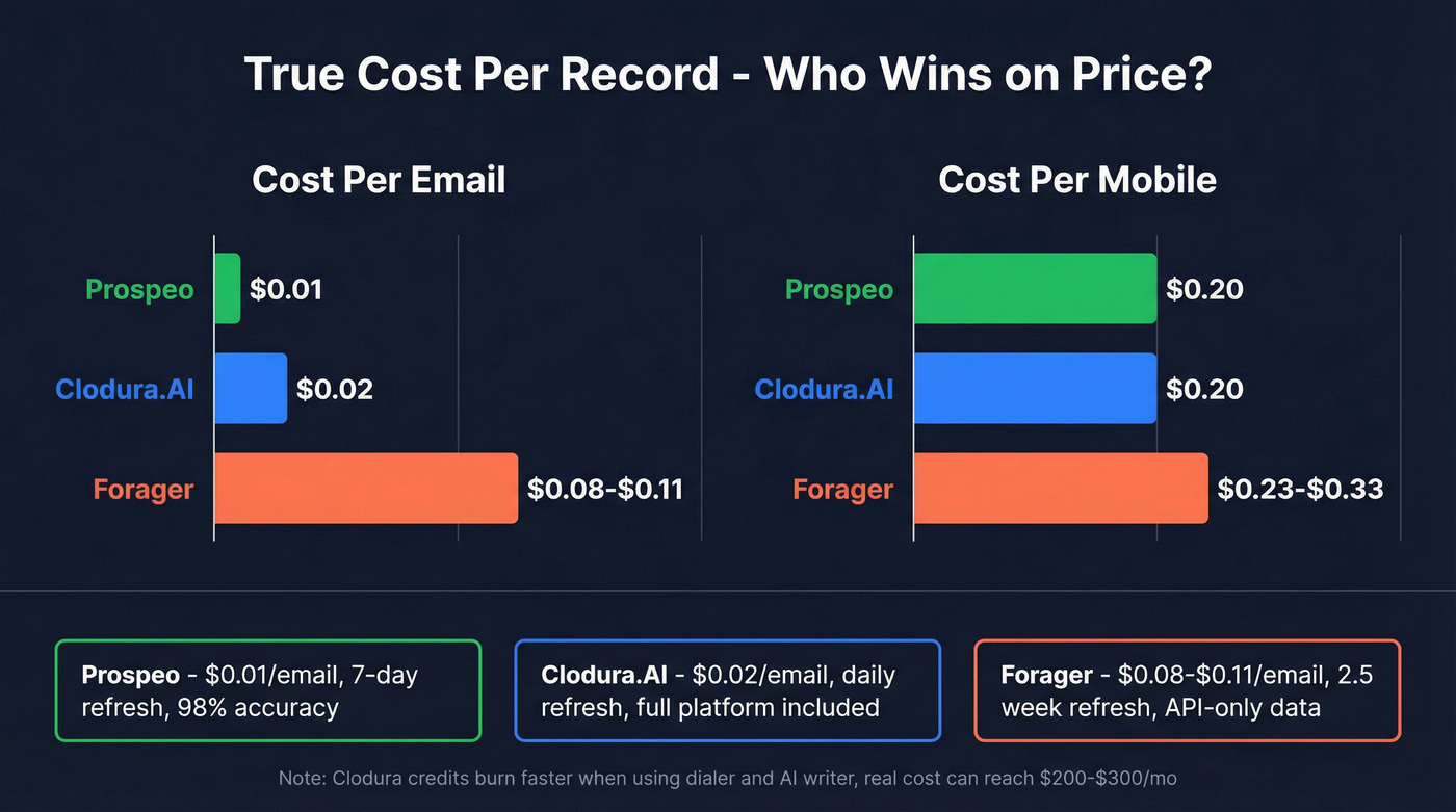 Cost per email and mobile comparison across three tools