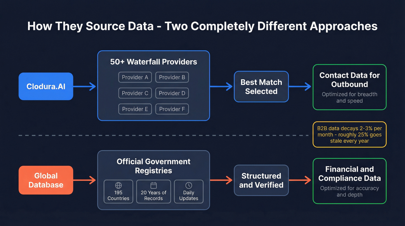 Data sourcing approaches of Clodura.AI vs Global Database