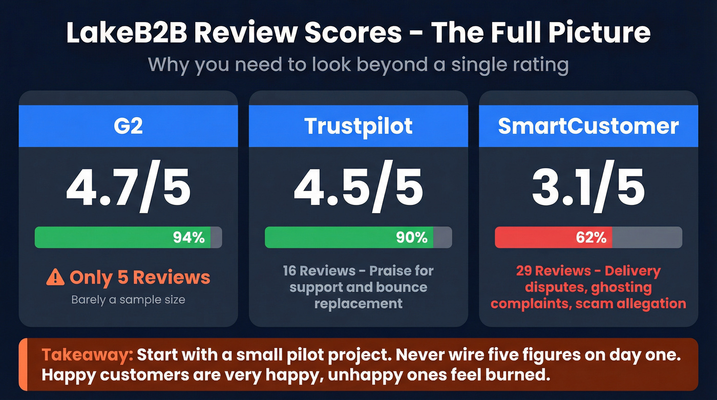 LakeB2B trust signals and review scores across platforms