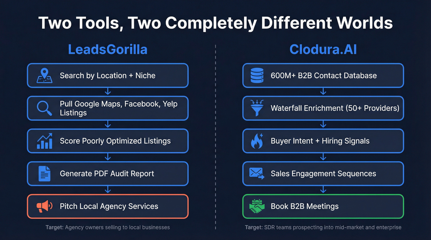 Clodura.AI vs LeadsGorilla target audience and workflow comparison