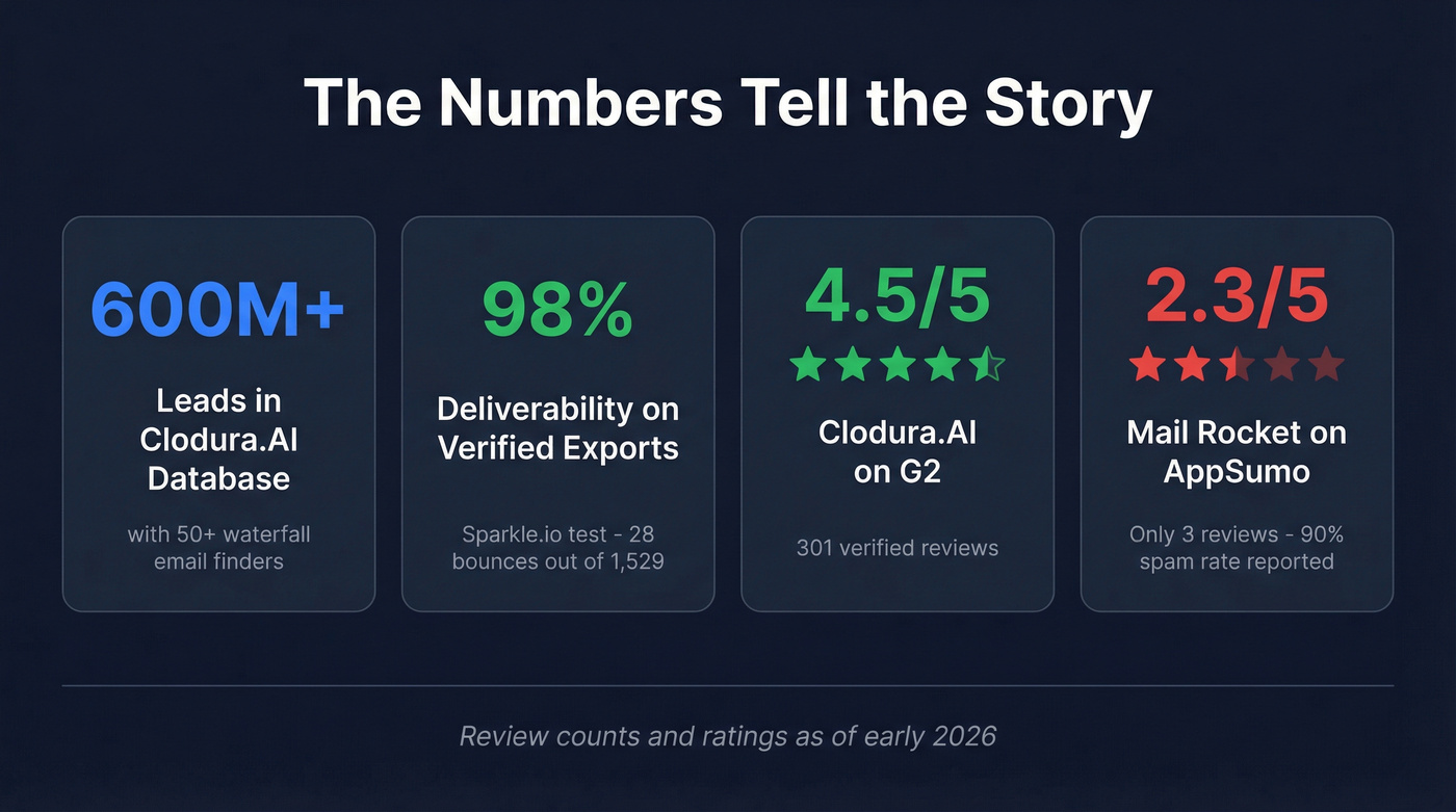 Key stats comparing Clodura.AI and Mail Rocket data quality and reviews