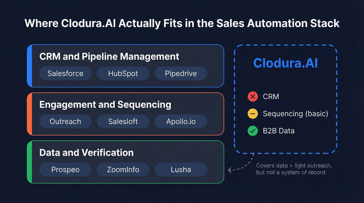 Sales automation stack layers showing where Clodura.AI fits