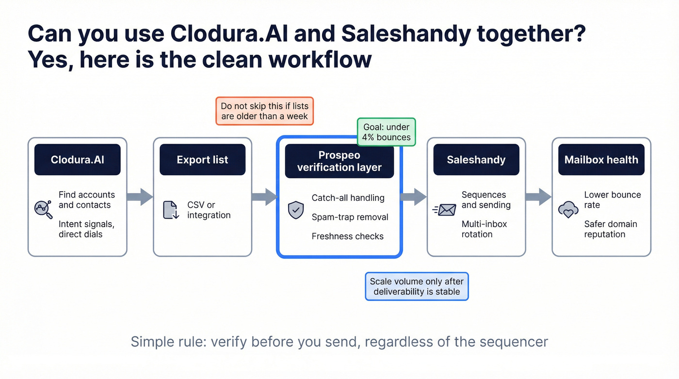Workflow diagram using Clodura.AI, Prospeo verification, and Saleshandy