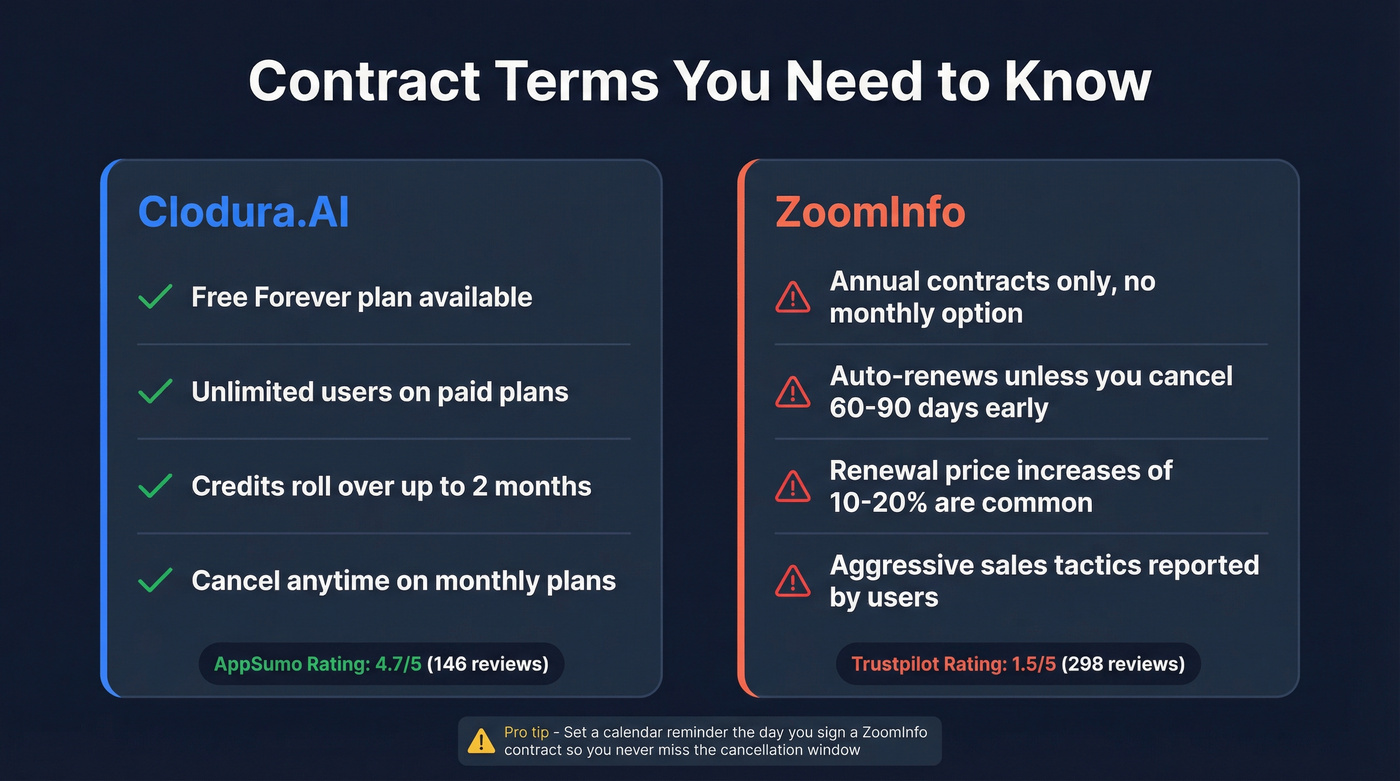 ZoomInfo vs Clodura.AI contract terms warning card