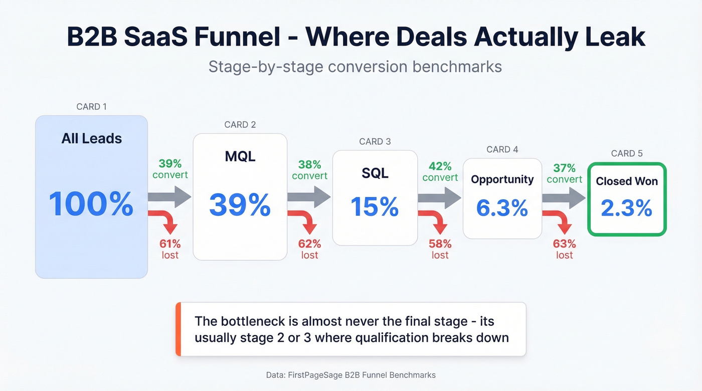 B2B SaaS stage-by-stage funnel conversion flow with leak indicators