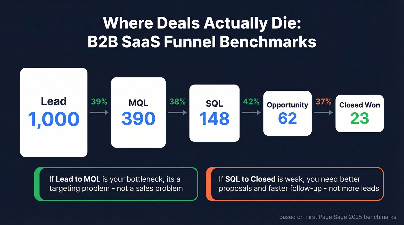 B2B SaaS stage-by-stage funnel conversion flow