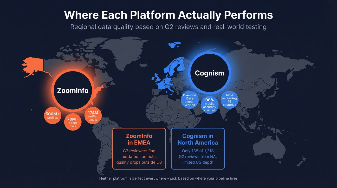 Regional data strength map for Cognism vs ZoomInfo