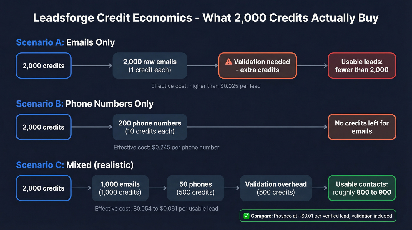 Leadsforge credit economics showing true cost with validation