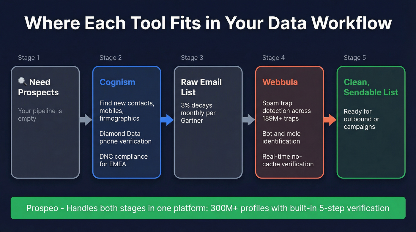Data workflow showing where Cognism and Webbula fit in the sales pipeline