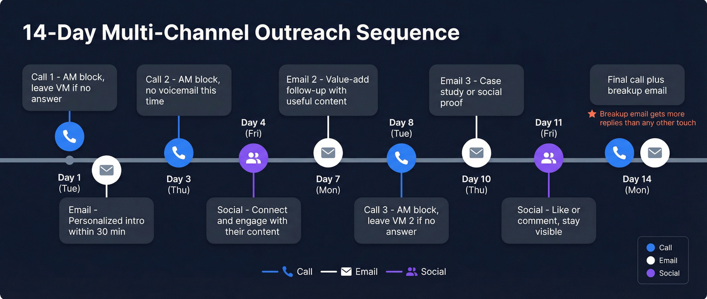 14-day multi-channel cold outreach sequence visual timeline