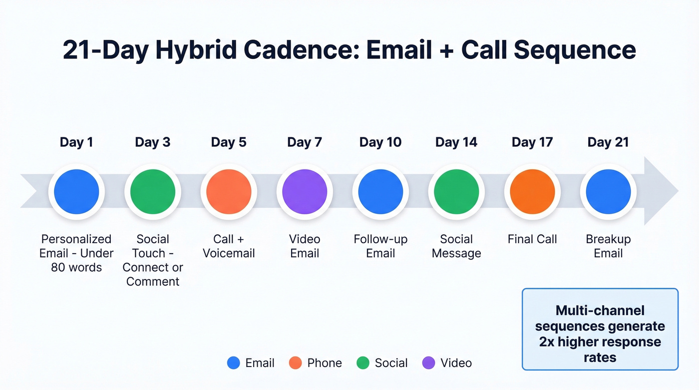21-day hybrid cold calling email cadence timeline