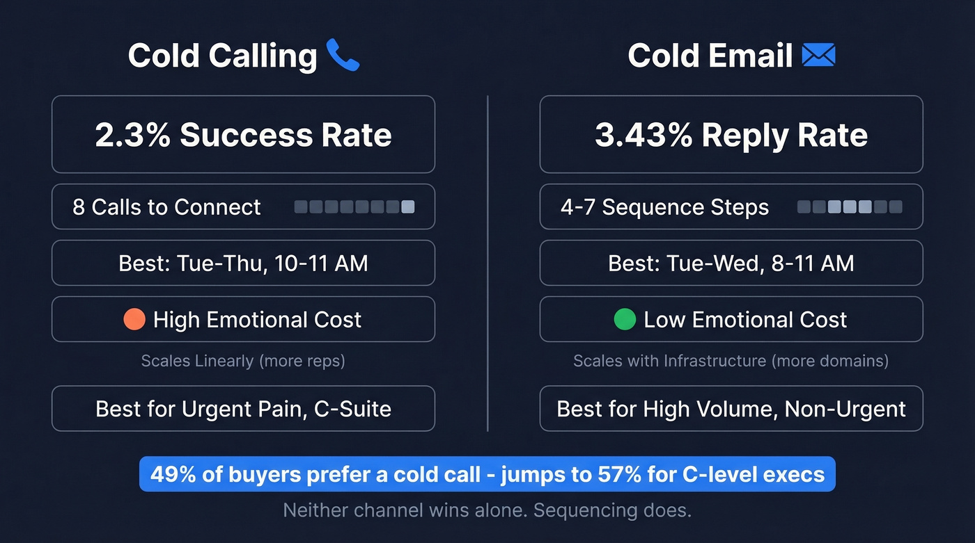 Cold calling vs cold email side-by-side stats comparison