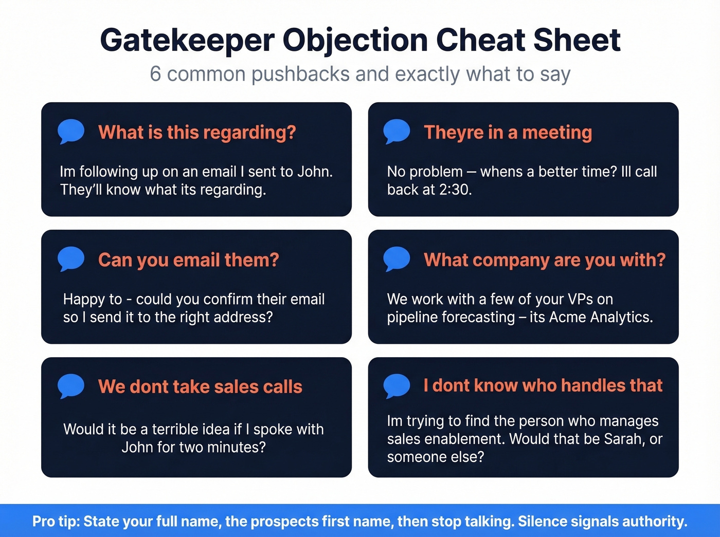Gatekeeper objection response cheat sheet with six scenarios