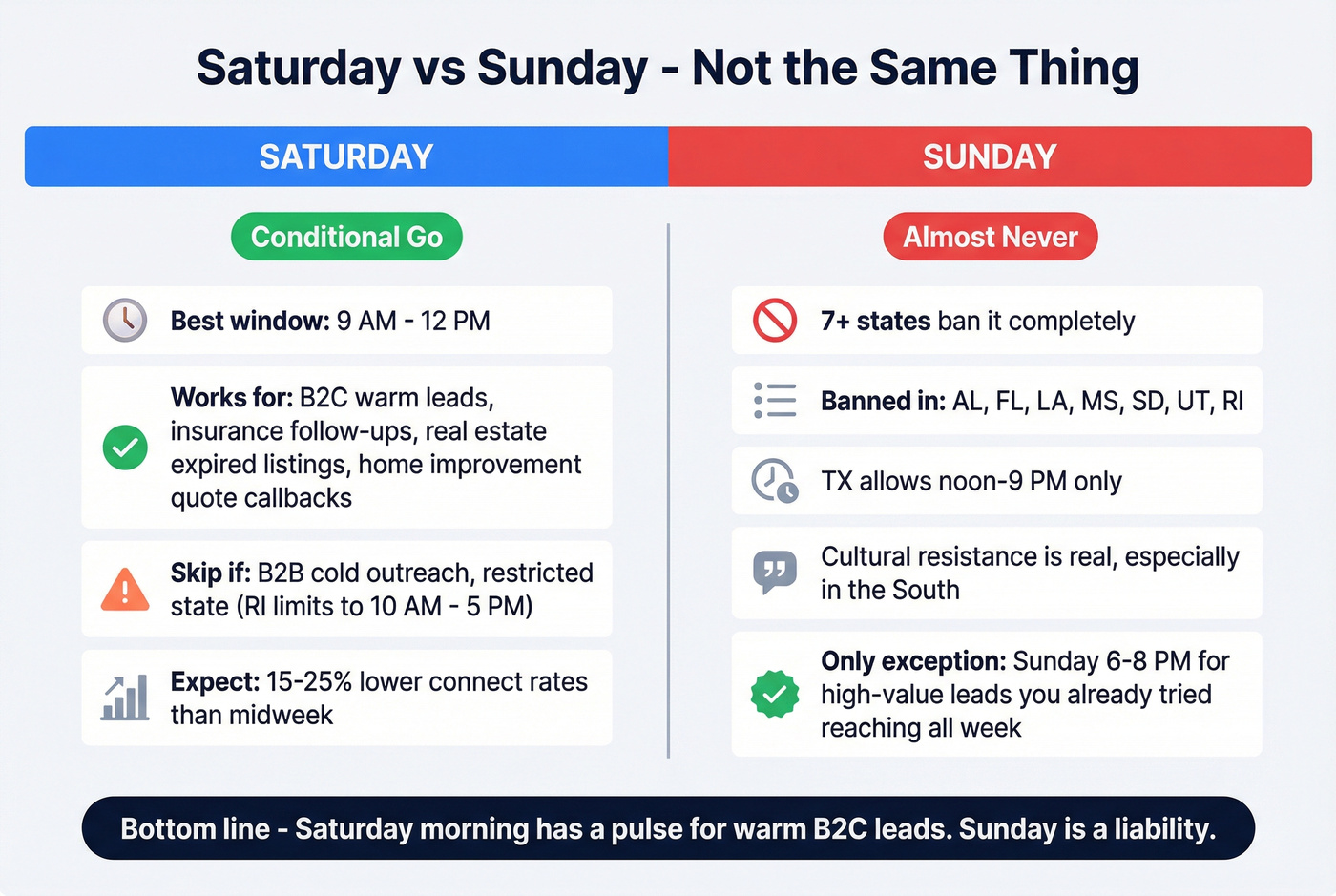 Side-by-side comparison of Saturday vs Sunday calling viability