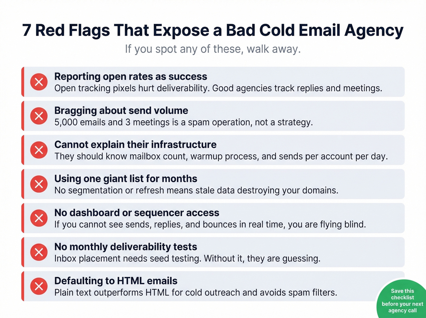 Seven red flags checklist for evaluating cold email agencies