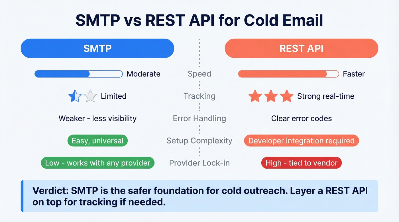 SMTP versus REST API comparison for cold email outreach