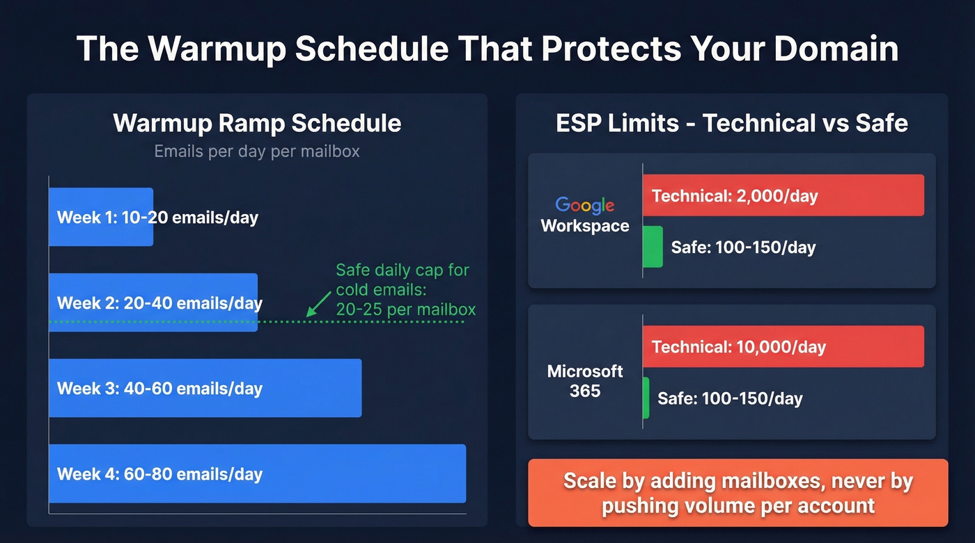 Email warmup ramp schedule and ESP safe limits chart