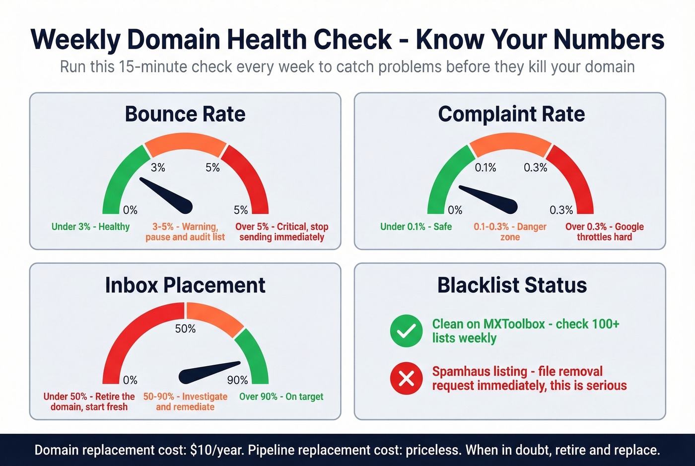 Domain health dashboard showing key metrics and thresholds