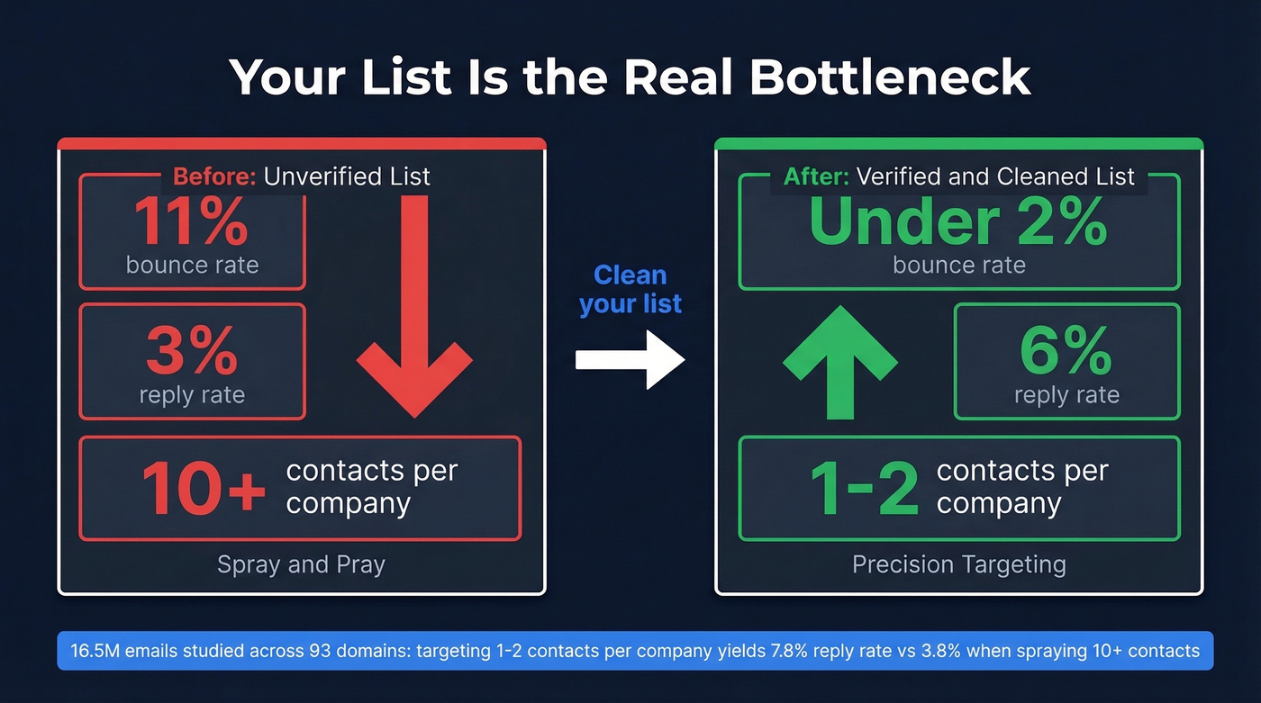 Before and after stats showing list quality impact on reply rates