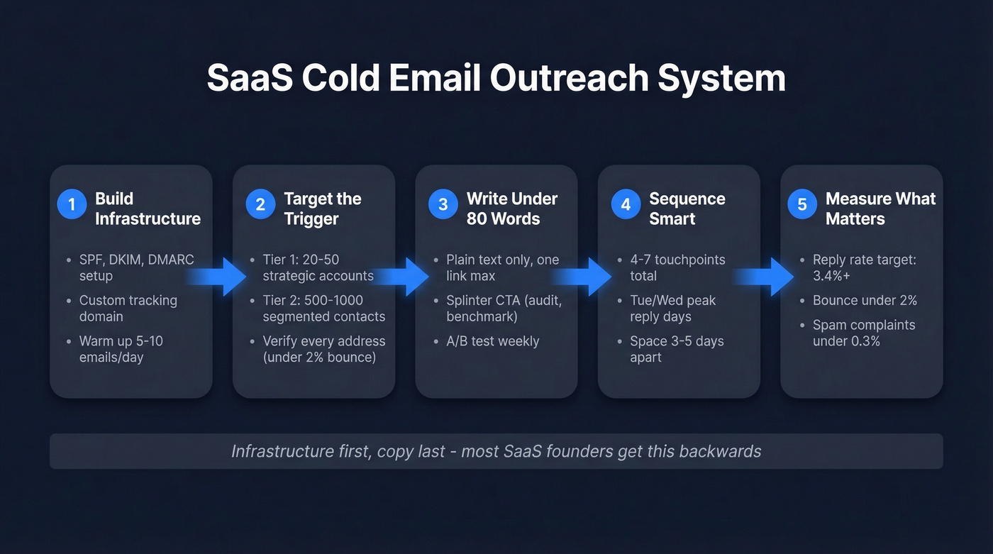 Five-step SaaS cold email outreach system flow chart