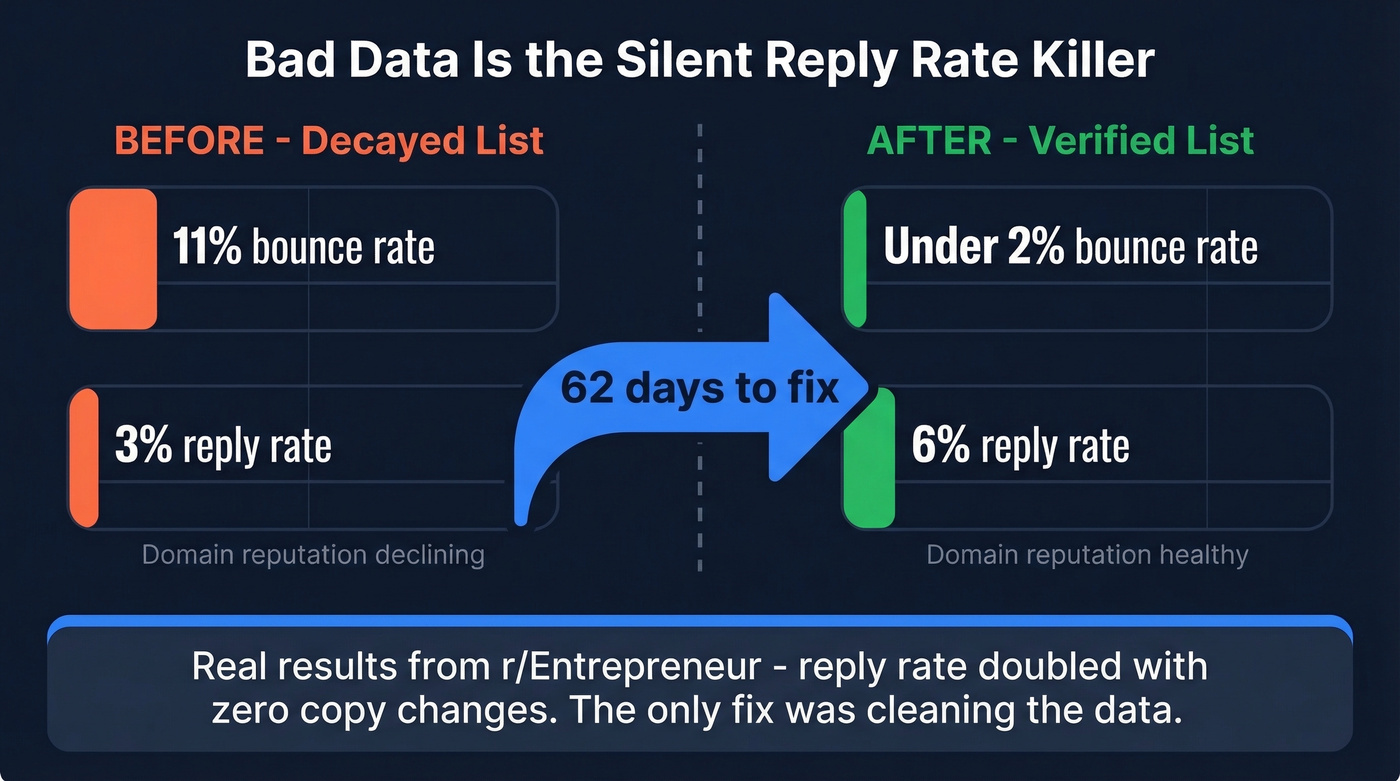 Before and after data showing bounce rate impact on reply rates