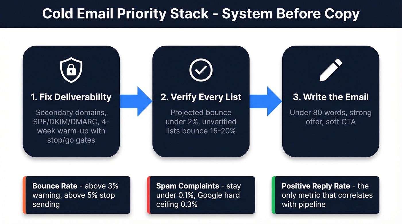 Cold email priority stack: deliverability, verification, then copy