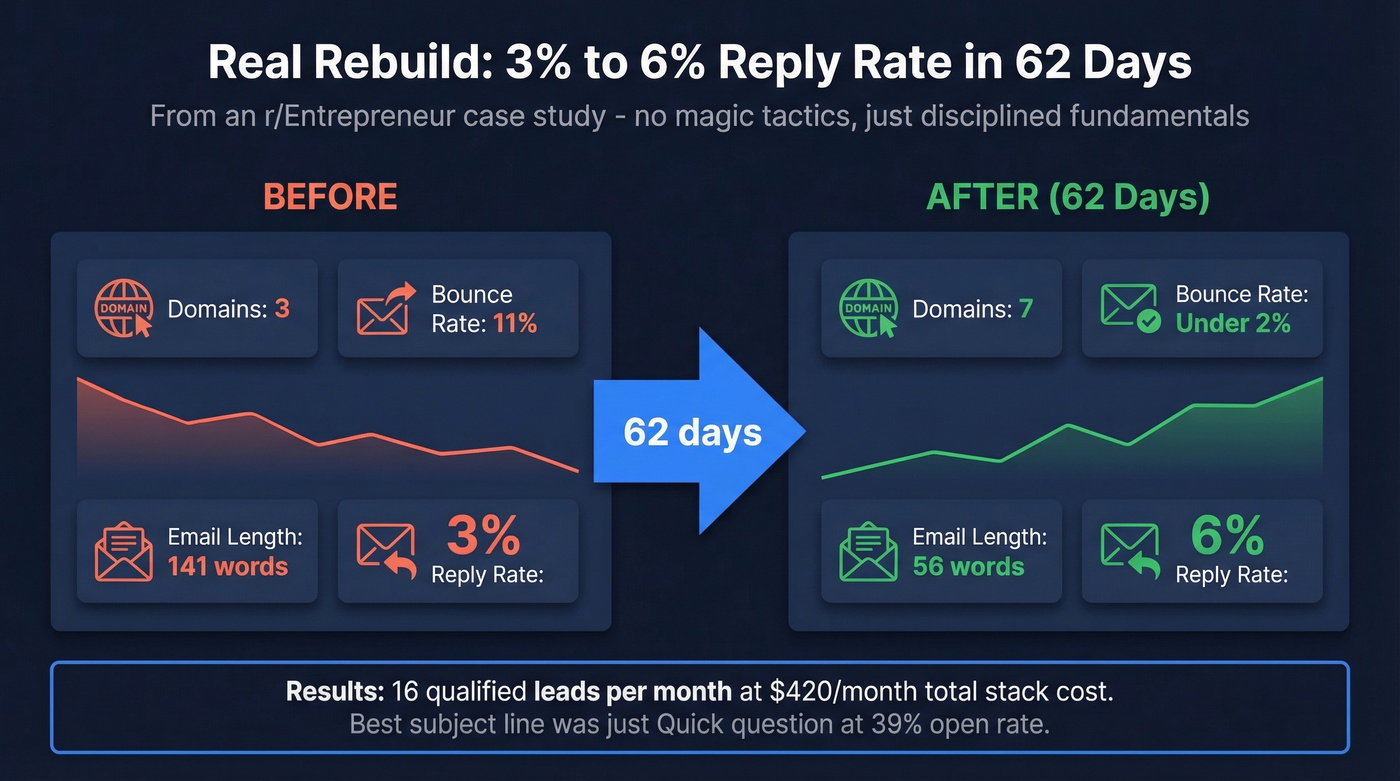 Before and after rebuild showing 3% to 6% reply rate transformation