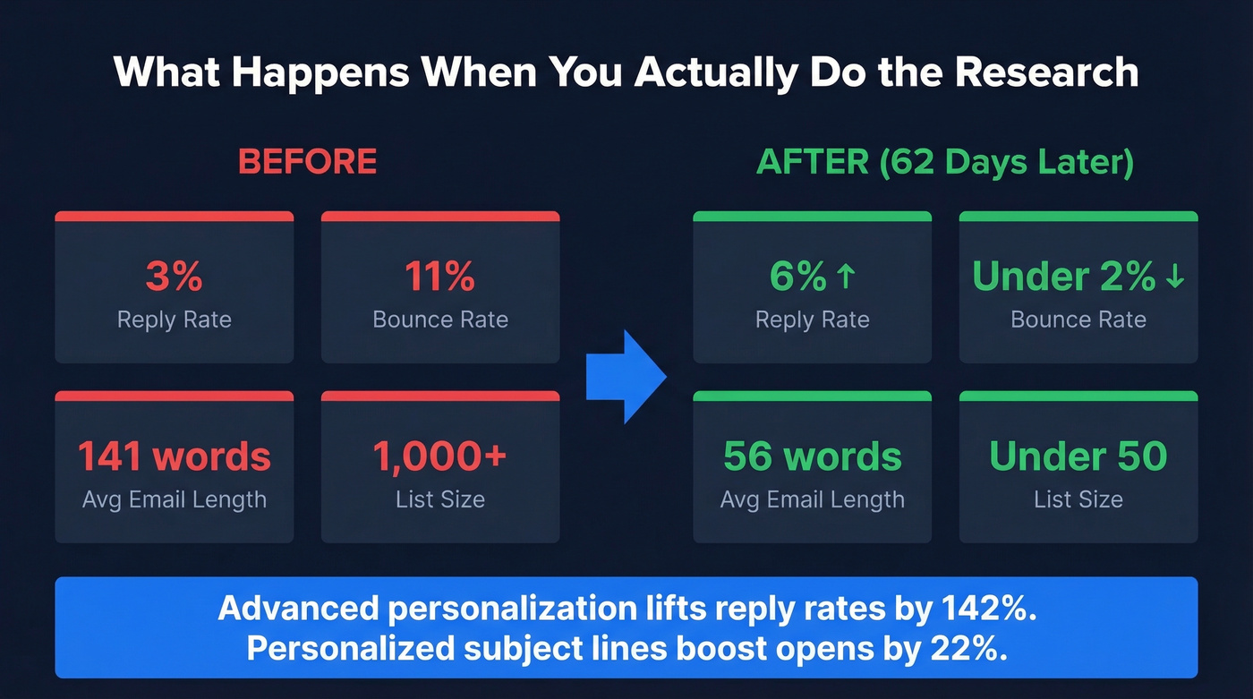 Before and after metrics showing impact of proper cold email research