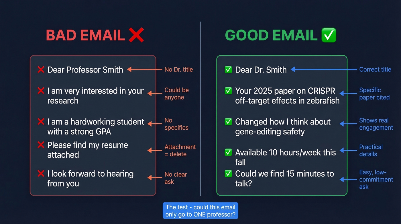Side-by-side comparison of bad vs good research cold emails