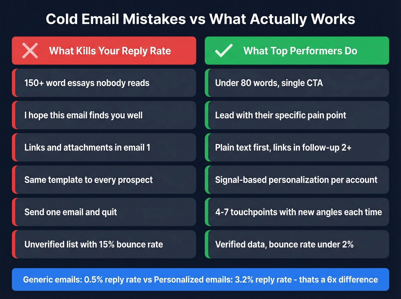 Side-by-side comparison of cold email mistakes versus best practices